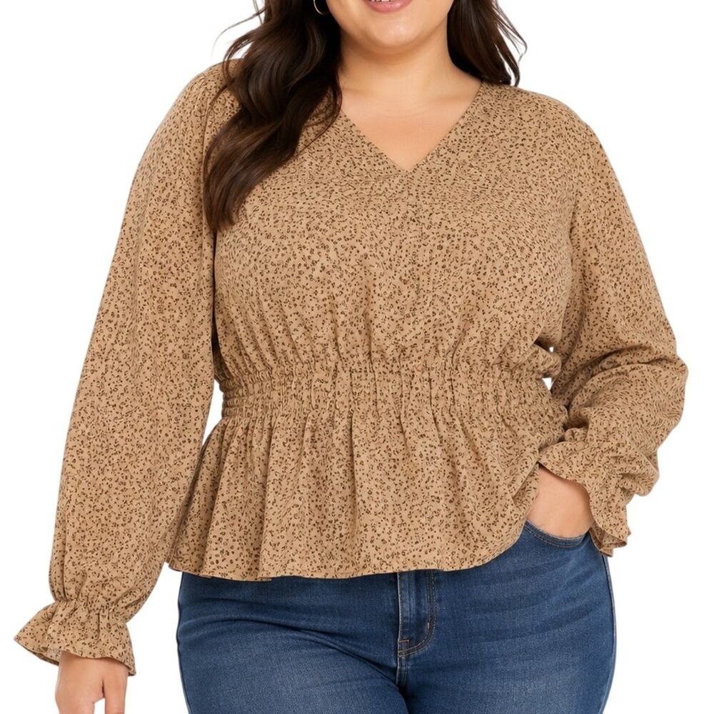 1X SHEIN Tan Brown Allover Print Long Sleeve Peplum Wrap V Neck Blouse Top Shirt - Picture 1 of 7